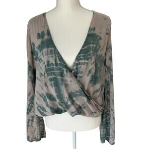 BLUE LIFE Blouse Top Womens Small Taupe Green Tie Dye Boho Hippie Retro